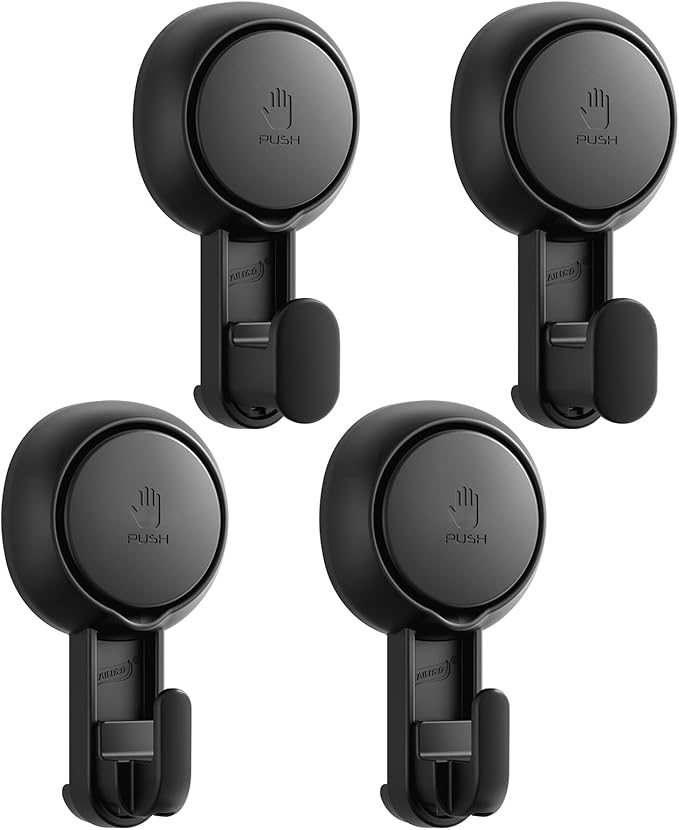 TAILI Bathroom Suction Hooks Black with Vacuum Suction Cups No Drilling Reusable Shower Towel Hooks 4 Pack Waterproof Heavy Duty Removable Hanger for Shower, Wall, Kitchen, Towel, Robe