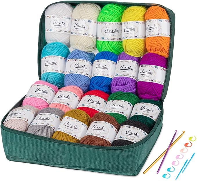 ilauke Acrylic Crochet Yarn Kit, 20 Colours x 30 g Hand Knitting Yarns, Acrylic Wool for Knitting, Crochet and Crafts