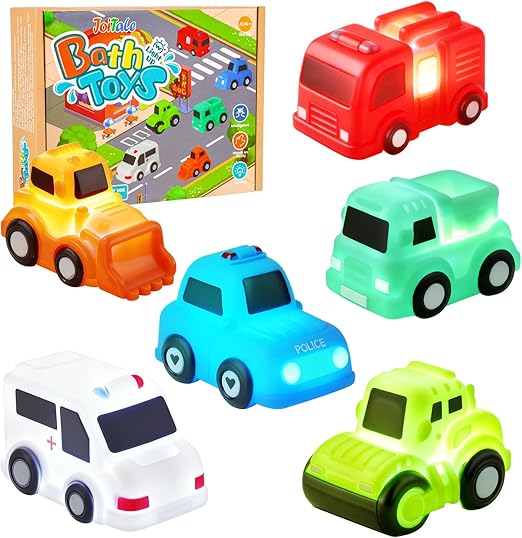 Baby Bath Toys, 6 Pack Cars Light Up Bath Toys, No Hole No Mould Bathtub Toy for 1 2 3 Year Olds, Flashing LED Sensory Toy for Toddlers, Bath Time Shower Gifts for Boys and Girls