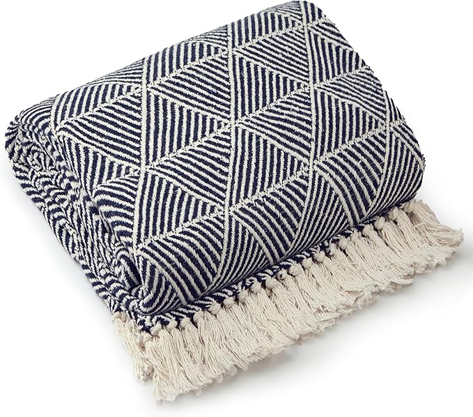 Emma Barclay Throw Blanket For Sofas Bed Extra Large Recycled Cotton Throws For Settees In Navy Throw Scandi Woven Blankets - Zahra Collection 50" x 60" (127cm x 152cm) Navy