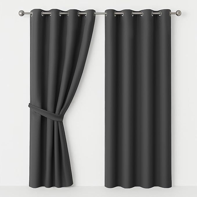 AMEHA Blackout Eyelet Curtains for Living Room Grey Curtains Bedroom, 46x54 Inch Drop Thermal Insulated Curtain Pair Panels with Tiebacks