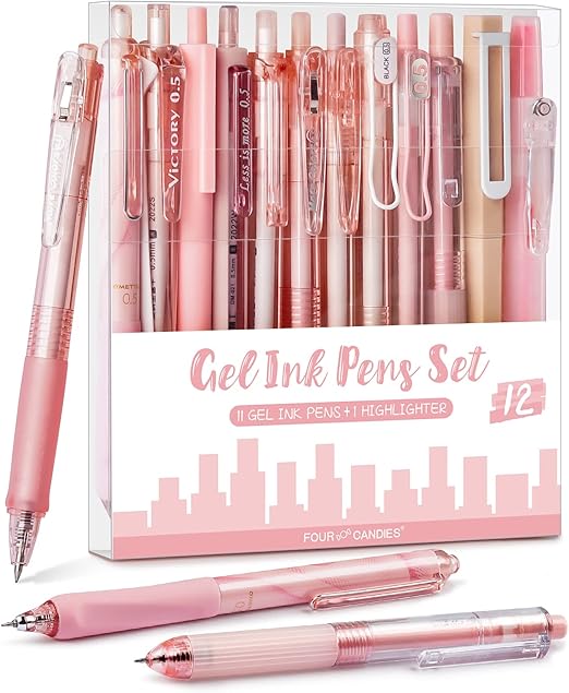 Four Candies Gel Pen Set, Cute Writing Pens with 0.5mm Fine Tip, Black & Pink Ink Pens with Highlighter, Aesthetic Stationery Supplies for School, Office, Pack of 12 - Rose Series