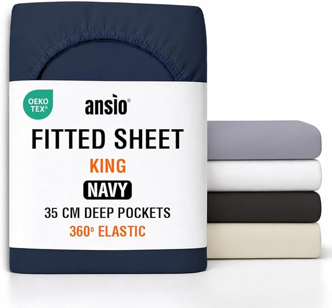 ANSIO® King Size Fitted Sheet Soft Brushed Microfibre Fabric – Extra Deep Pocket 35cm – All-Around Elastic – OEKO-TEX Certified – Easy Care & Naturally Smooth After Wash - Navy