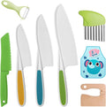 8PCS Kids Kitchen Knife Set Toddler Knife for Chopping, Plastic Children's Cooking Knives Serrated Edges with Potato Slicer, Peeler and Kids Apron for Fruit, Vegetables, Bread, Salad Knives