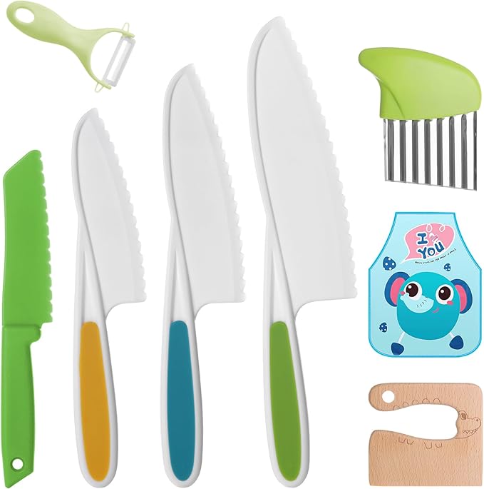 8PCS Kids Kitchen Knife Set Toddler Knife for Chopping, Plastic Children's Cooking Knives Serrated Edges with Potato Slicer, Peeler and Kids Apron for Fruit, Vegetables, Bread, Salad Knives