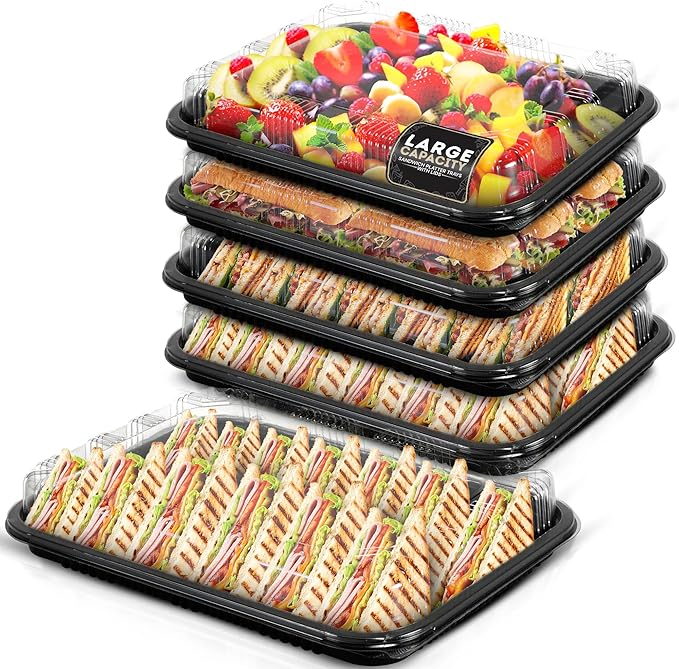 5 Pack Sandwich Platter Trays with Lids - Washable Serving Platters for Everyday Use & Catering with Sticker Labels - Ideal Food Storage Containers for Sushi, Party Food, and Sandwiches