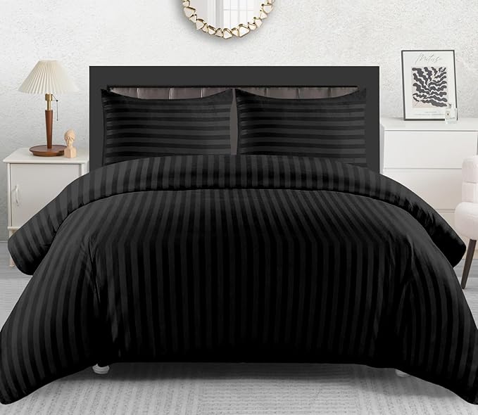 Lazzaro Satin Stripe King Size Duvet Cover Sets - Premium Hotel Quality Quilt Cover King Size Bedding Set 3 Pcs - Ultra Soft Hypoallergenic Kingsize Duvet Cover Sets With Zipper Closure