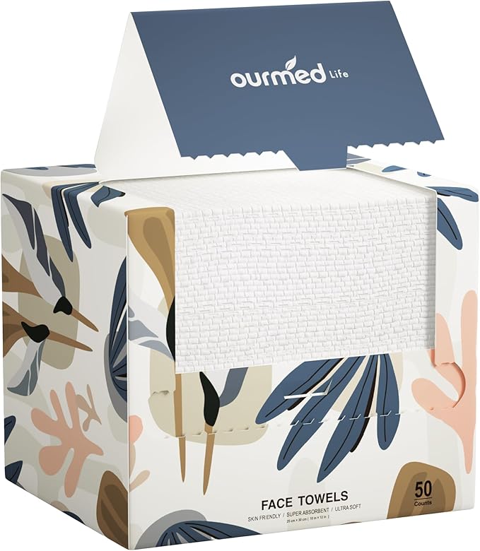 Ourmed Life Face Towels, Disposable Biodegradable Facial Towels for Sensitive Skin, Lint- free Face Wipes for Washing Face, Skincare and Makeup Remover, Dry Wipes, 10"×12" Extra Large, 50 Count