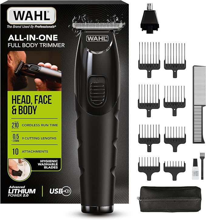 Wahl All-in-One Full Body Trimmer for Men – Cordless Rechargeable Beard, Hair & Body Grooming Kit with Hygienic Washable Blades, Lithium Battery, 210 Minute runtime, 0.2mm - 25mm, Quick Charge
