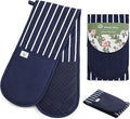 Blue Butcher Stripe Double Oven Gloves Heat Resistant Silicone Oven Mitts Pair | Non-Slip Silicone Oven Gloves Double Oven Mitt | Machine Washable Thick Potholders Home & Kitchen Accessories.