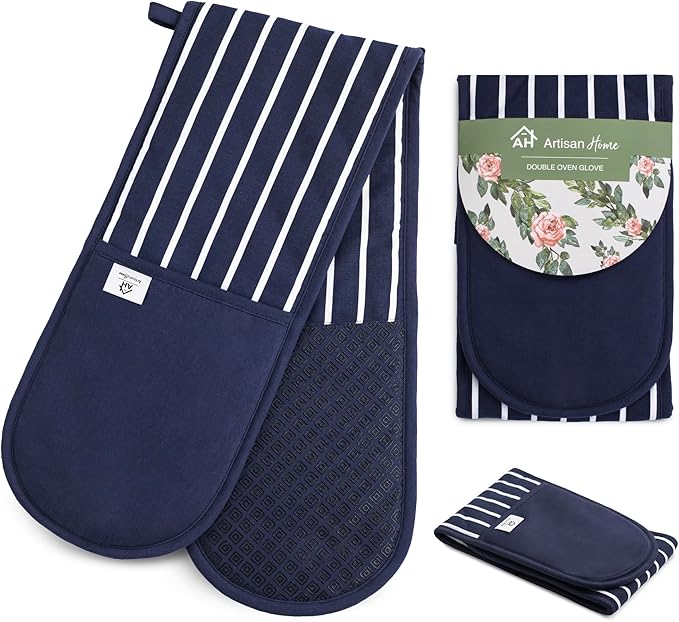 Blue Butcher Stripe Double Oven Gloves Heat Resistant Silicone Oven Mitts Pair | Non-Slip Silicone Oven Gloves Double Oven Mitt | Machine Washable Thick Potholders Home & Kitchen Accessories.