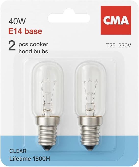2 x 40W 240V Cooker Hood Light Bulbs 2700K-[E14 Replacement Universal Small Screw Cap]-T25 for Residential and Commercial Kitchen Lighting-Pack of 2