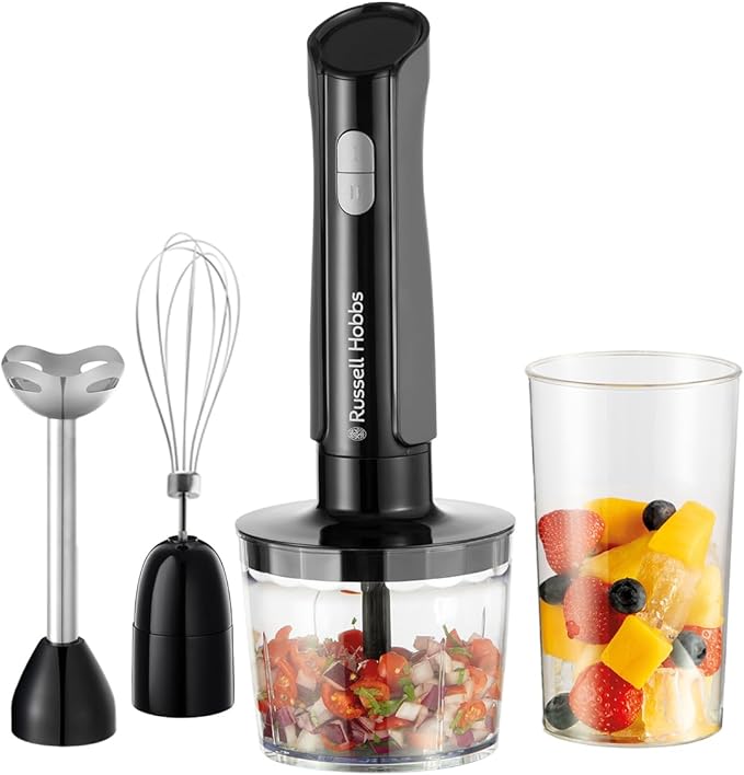 Russell Hobbs Hand Blender [3-in-1 Hand Mixer] Electric Chopper (Food Processor with 3 Attachments for Baby Food, Smoothies, Soup, 2 speeds + pulse, Stainless steel, BPA-Free) Matte Charcoal 27141