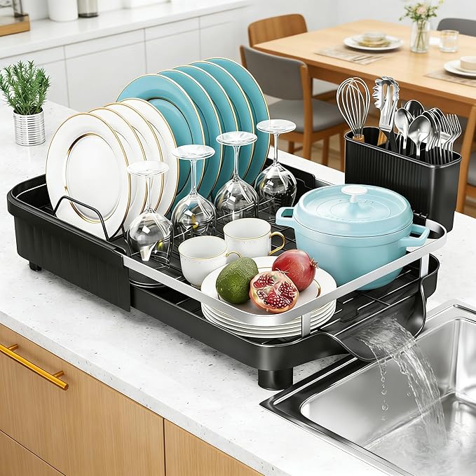 Dish Drainer Rack, Expandable Dish Rack, Space Saving Dish Drying Rack for Kitchen Sink Counter, Dish Drainer Rack with Drain Board, Utensil Holder