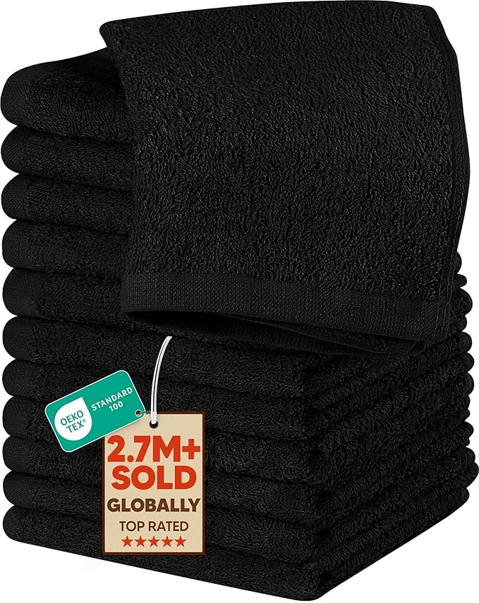 Utopia Towels Cotton Washcloths Set - Pack of 24-100% Ring Spun Cotton, Premium Quality Flannel Face Cloths, Highly Absorbent and Soft Feel Fingertip Towels (12 Pack, Black)