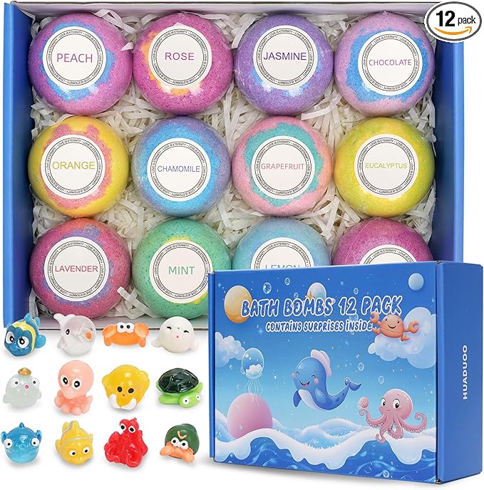 12 pcs Bath Bomb Gift Set,Handmade Natural and Organic Bubble Bombs,for Kids with Surprise Toy Inside,with Surprise Sea Animal Toy Inside,Birthday Christmas Easter Party Girls Boys