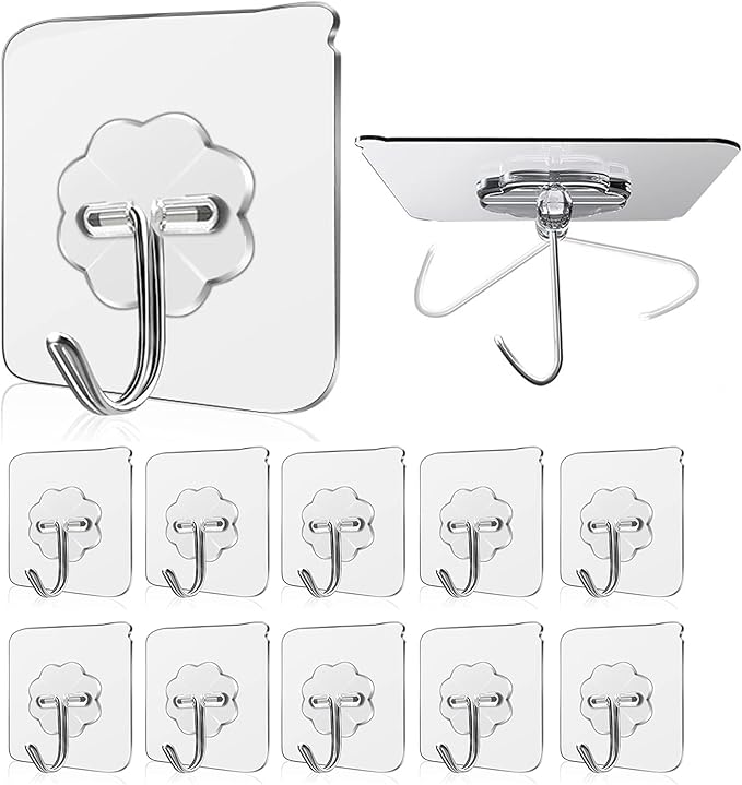 Wall Hooks 15Kg(Max) Transparent Seamless Hooks for Hanging,Waterproof Oilproof Bathroom Kitchen Heavy Duty Adhesive Hooks,Coat Hooks, Utility Towel Bath Sticky Hooks (10Pack)