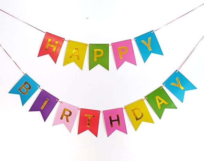 Happy Birthday Banner Bunting Rainbow Colourful Multicolour Garland with Gold Foil Letters Girls Boys Kids Birthday Party Decorations