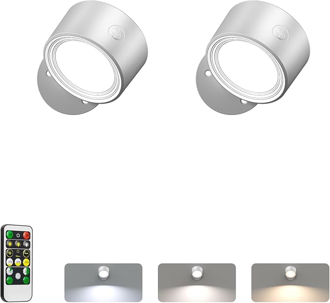 LED Wall Reading Lights with Remote, 2 Pcs Rechargeable Wall Mounted Reading Sconces Lamp 3000mAh, 3 Colors & Dimmable Magnetic 360° Rotation Wall Lighting Spotlights for Bedroom Bedside, Silver[Energy Class G]