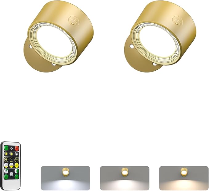 LED Wall Reading Lights with Remote, 2 Pcs Rechargeable Wall Mounted Reading Sconces Lamp 3000mAh, 3 Colors & Dimmable Magnetic 360° Rotation Wall Lighting Spotlights for Bedroom Bedside, Gold[Energy Class G]