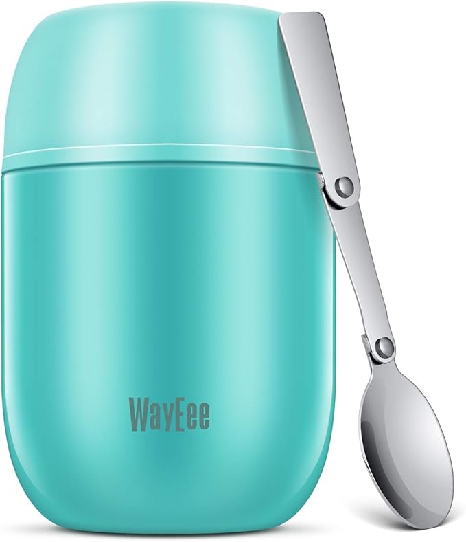 WayEee Food Flask, Food Flask for Hot Food Stainless Steel Food Jar with Folding Spoon-450ml (Blue)