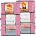 Lifewit 95L Clothes Storage Bags Large Storage Box With Lid Packing Boxes for Moving House With Reinforced Handle Thick Fabric Clear Window for Clothes Duvet Blankets Bedding, 6 Pack, Pink