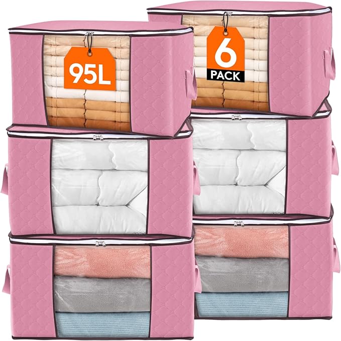 Lifewit 95L Clothes Storage Bags Large Storage Box With Lid Packing Boxes for Moving House With Reinforced Handle Thick Fabric Clear Window for Clothes Duvet Blankets Bedding, 6 Pack, Pink