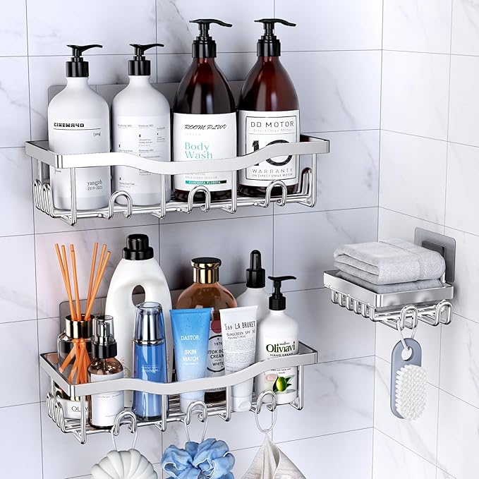 Rustproof Stainless Steel Shower Caddy 3 Pack, Bathroom Storage Accessory Shelf Organiser No Drilling Hanging, Soap Holder Set, Kitchen Wall Mounted Corner Decor, Silver