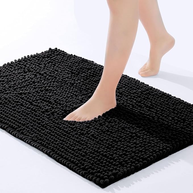 Hafaa Bath Mat Non Slip Anti Mould – Black Chenille Bathroom Mat 40 x 60 cm Machine Washable Bath mats Super Absorbent Extra Soft Fluffy Shower mat