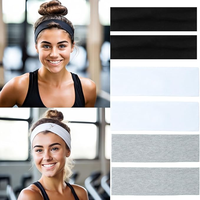 6PCS Headbands for Women Non Slip - Fashion Elastic Sports Hair Bands for Women’s Hair - Soft Cotton Cloth Stretchy Headbands for Girls for Yoga Workout Exercise Running Sports (Black Neutral)
