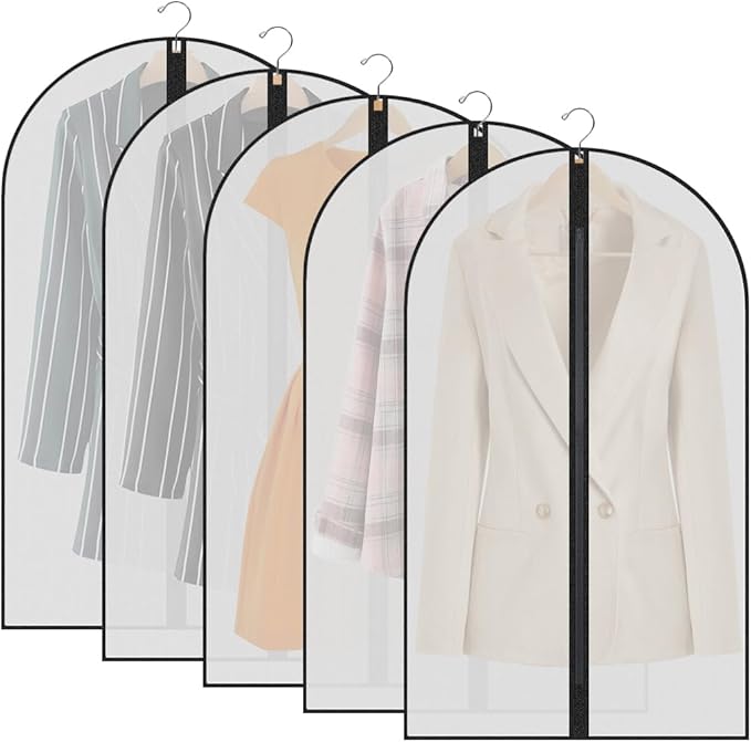 Garment Bags,5PCS Dustproof Garment Covers PEVA Translucent Clothes Covers with Zip Moth Proof Suit Protector Bags Waterproof Dress Covers for Shirts Coats Costumes (60X100cm)
