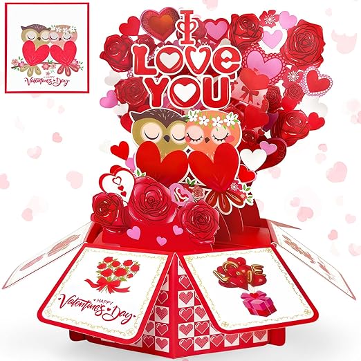 Valentines Card for Her Him, 3D Happy Valentines Card for Husband Wife Girlfriend Boyfriend Couples Lovers, Pop Up Anniversary Card for Valentine's Day Gifts, I LOVE YOU