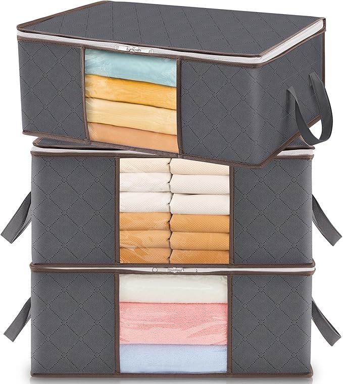 Lifewit 35L Clothes Storage Bag Foldable Storage Boxes with Lids Underbed Wardrobe Storage Organiser with Sturdy Fabric Clear Window for Clothing Bedding Sweaters T-shirts Blankets, 3 Pack, Grey