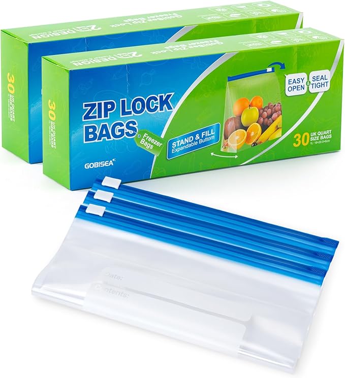 60 Pcs Zip Lock Freezer Bags - 1L, Ziplock Sandwich Bags Food Storage Bag Zip Seal, BPA-Free Freezer Bag Ziplock with Expandable Bottom for Fruits, Vegetables, Meat, Nuts