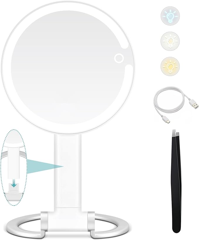 B Beauty Planet Vanity Mirror with Lights, 1x/20x Double-sided Magnifying Mirror with Light, 2000mAh Rechargeable Adjustable 3 Colour Lights Touch Switch Control, Foldable Lightweight for Travel