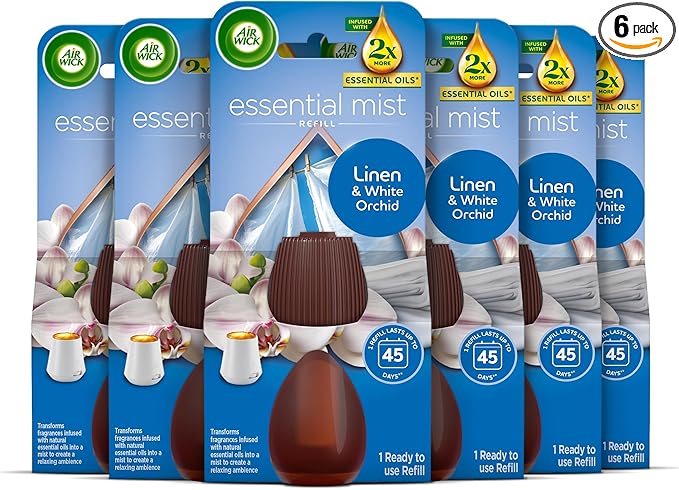 Air Wick Essential Mist Refills, Linen & White Orchid, Pack 6 x 20ml, Natural Essential Oils, Last up to 270 days, Air freshener