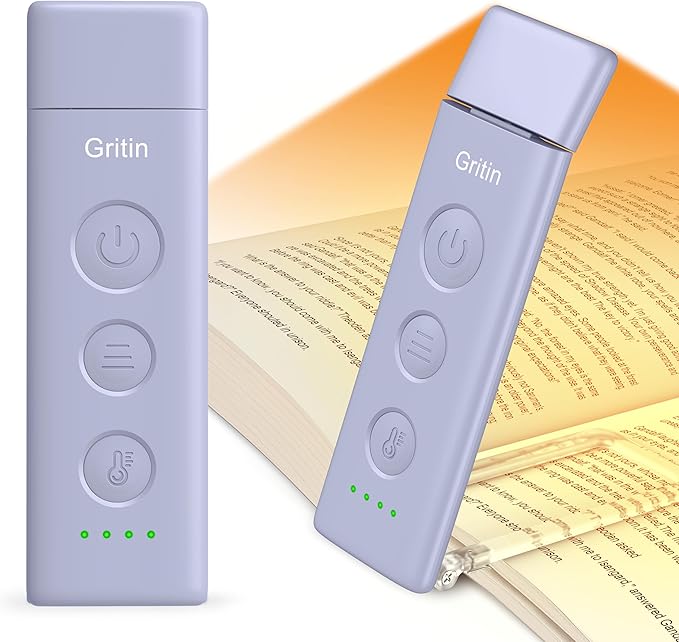 Gritin Book Light Rechargeable, Reading Light Lamp Clip on Books, 3 Eye-Protecting Modes (Mixed/White/Amber), 5 Brightness & Stepless Dimming, Flexible Reading Lamp for Readers- Purple