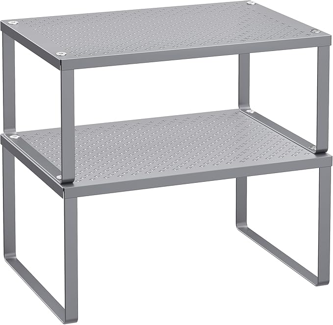 SONGMICS Set of 2 Cupboard Organisers, Kitchen Storage, Stackable, Expandable, Metal Counter Shelves, Silver KCS01SV