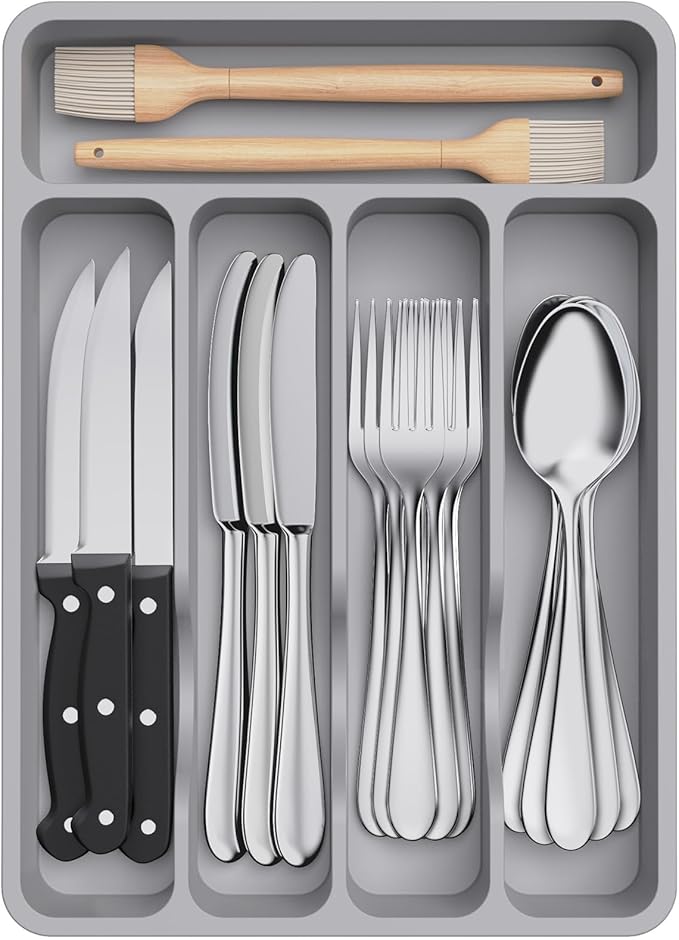 Lifewit Cutlery Drawer Organiser, Plastic Cutlery Tray for Kitchen, Utensil Flatware Silverware Holder Divider for Spoons Forks Knives Tableware, 5 Compartments, 23 x 32cm, Grey