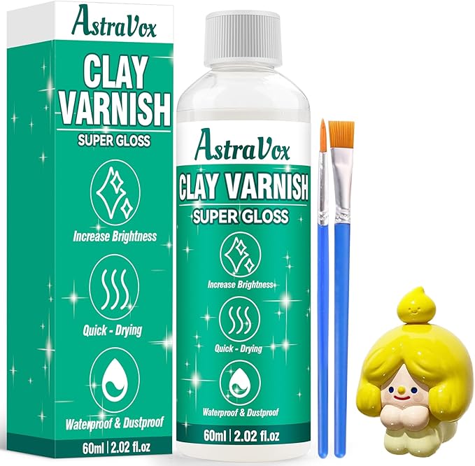 AstraVox 60ml Air Dry Clay Glaze with 2 Brushes, Varnish to Prevent Crack and Yellow, Waterproof Clay Varnish for Craft, Ceramic, Pottery, High-Gloss Glaze Effect, Easy to Use
