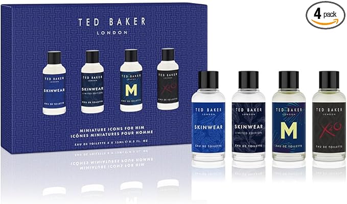 Ted Baker Mini Perfume Set for Him, Gift Set Containing 4 Miniature Fragrances for Men, Skinwear, Skinwear Limited Edition, M & X20, 4 x 15ml
