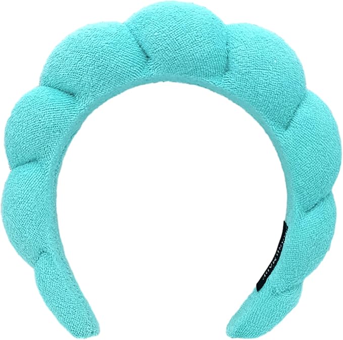 Puffy Makeup Headband Spa Headbands for Women Sponge & Terry Towel Cloth Fabric Cute Skincare Headband for Face Washing, Makeup Removal, Shower, Facial Mask (Blue-green)