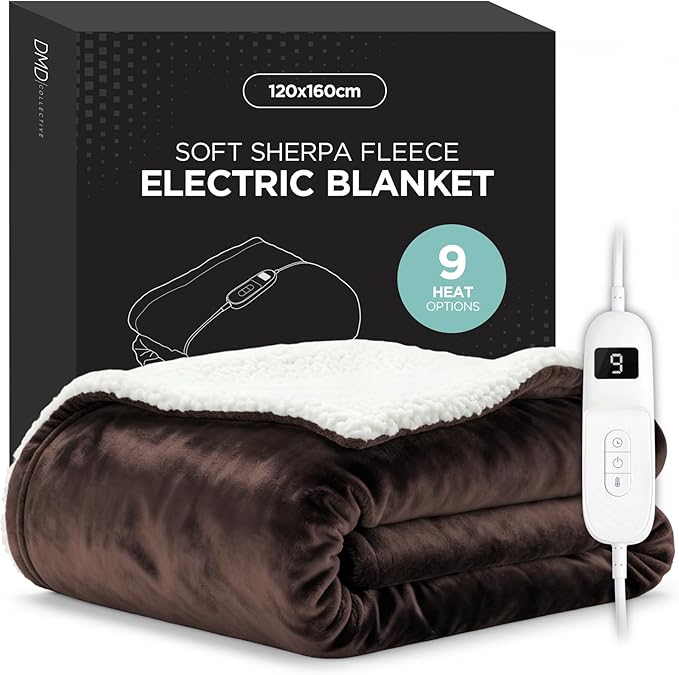 Electric Blanket Heated Throw 120 x 160cm with 9 Heat Settings & Timer, LED Display Controller, Auto Shut-Off, Machine Washable Soft Fleece for Sofa, Bed & Office, Dark Brown