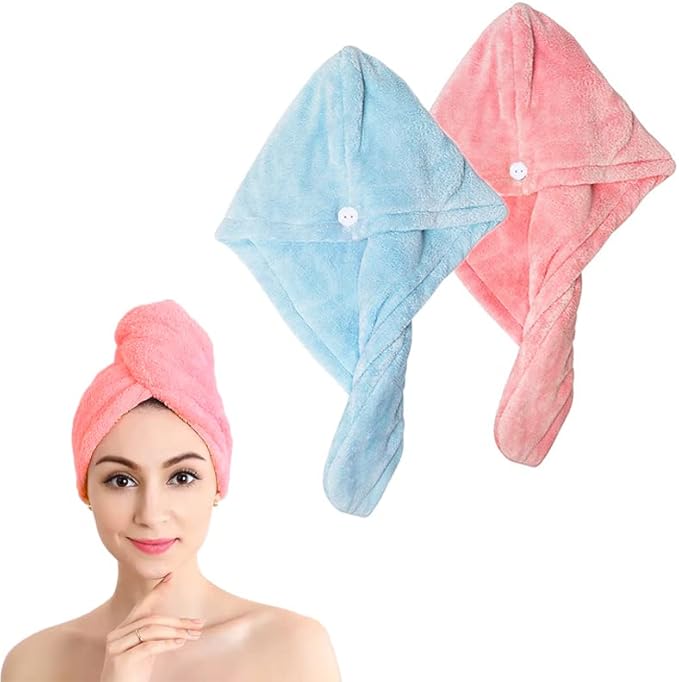 Shakeel Pack of 2 Microfiber Hair Turbans | Super Absorbent, Quick Dry, Anti-frizz Hairwrap Towels with Buttons, Pink and Blue