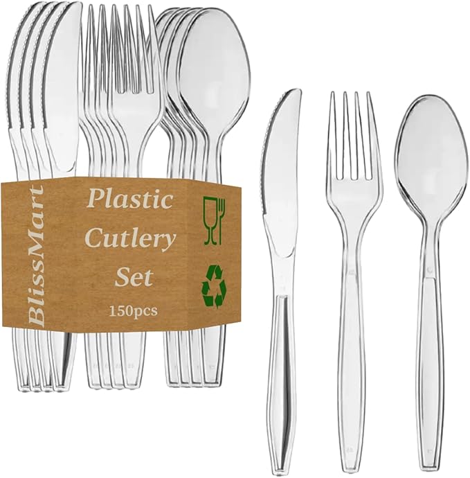 150 Pcs Heavy Duty Clear Plastic Cutlery Set Premium Quality Washable & Reusable 50 Spoons, 50 Forks, 50 Knives Set Perfect for for All Occasion Birthday Parties Weddings Camping