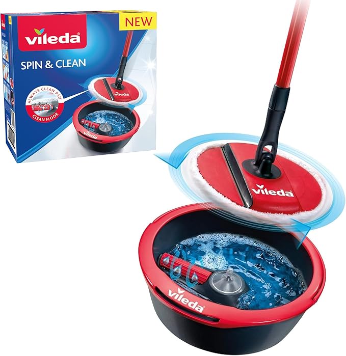Vileda Spin & Clean System Mop and Bucket Set with 360° Spinning Mop for Cleaning Floors | Foldable Head to Clean Skirting Boards | Rotating Head for Hard to Reach Areas | Easy to Empty Spout