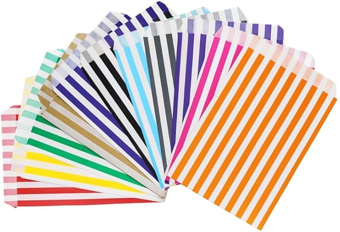 5x7" Pack of 100 Assorted Striped Paper Sweet Bags Ideal for Any Occasion & can be used as Party, Candy, Sweet, Gift, Popcorn, Small Paper bags (Mixed, 5x7-100 Bags)