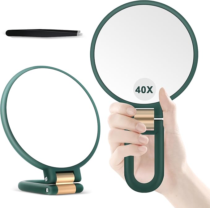MIYADIVA 40X Magnifying Mirror, Hand Mirror for Makeup, Double Sided with 40X/1X Magnification, Travel Essential, Portable Foldable for Desktop and Bathroom, Gift for Women, Green