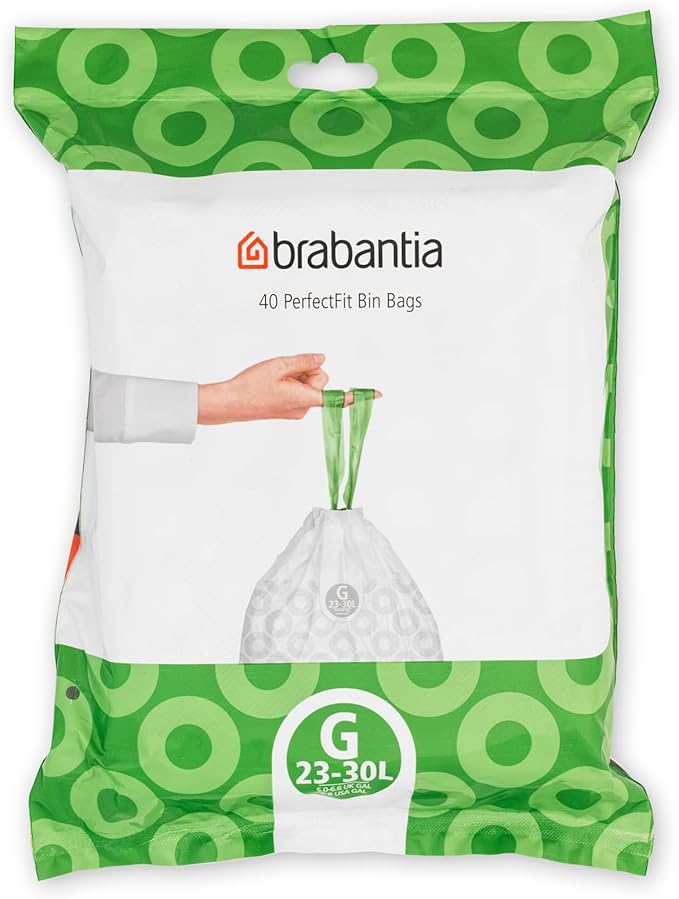 Brabantia PerfectFit Bin Liners (Size G/23-30 Litre) Thick Plastic Trash Bags with Tie Tape Drawstring Handles (40 Bags)