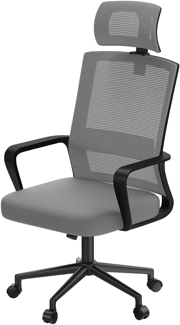 naspaluro Office Chair Home Desk Chair Ergonomic Computer Chair With Headrest, 360° Swivel Chair, Breathable Mesh Fabric, Dark Grey